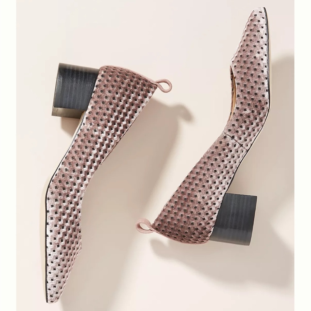 Anthropologie Blush Pink Velvet Perforated Block Heel Pumps